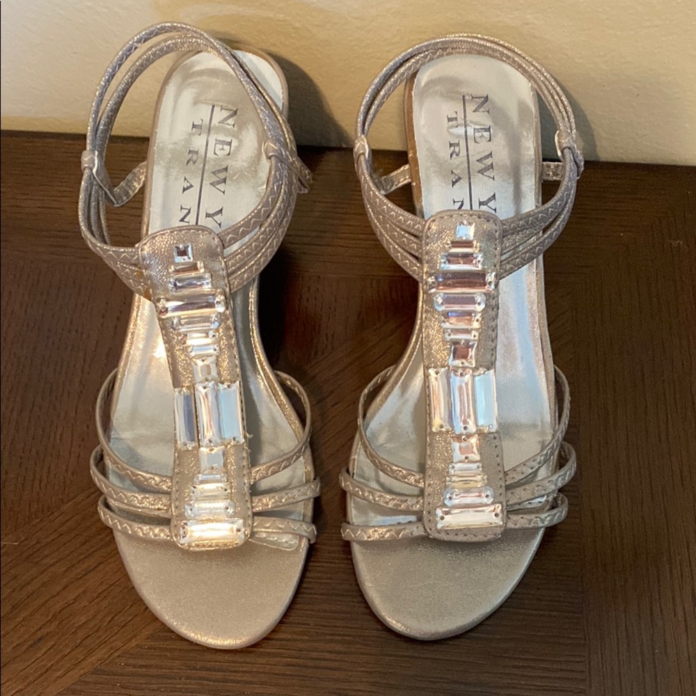 Silver/Gold Strappy Wedge Sandals with Gemstone Embellishments